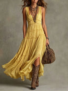Tiered boho sleeveless V-neck maxi dress in yellow