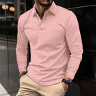 Fall Slim Fit Long Sleeve Button Polo Shirt for Men in Pink