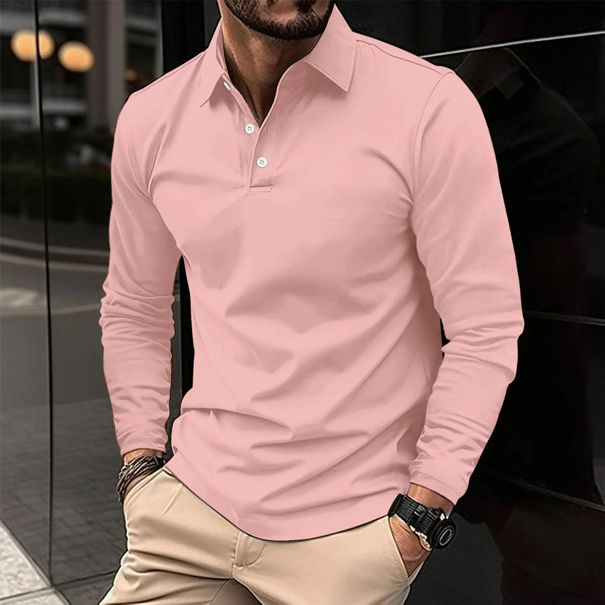 Fall Slim Fit Long Sleeve Button Polo Shirt for Men in Pink