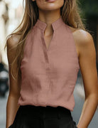 Mock neck sleeveless linen blend blouse in pink