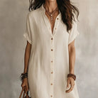 Short sleeve button down cotton shirt dress in off-white