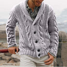 Winter Heavyweight Cable Knit Shawl Collar Cardigan for Men in Light Gray