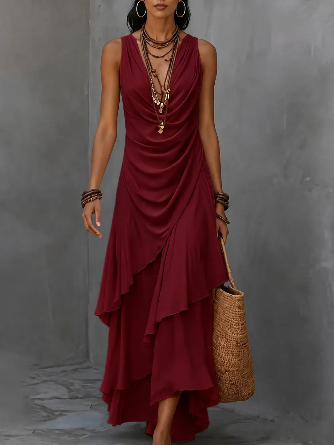 Tiered ruffle ruched waist boho maxi dress in red