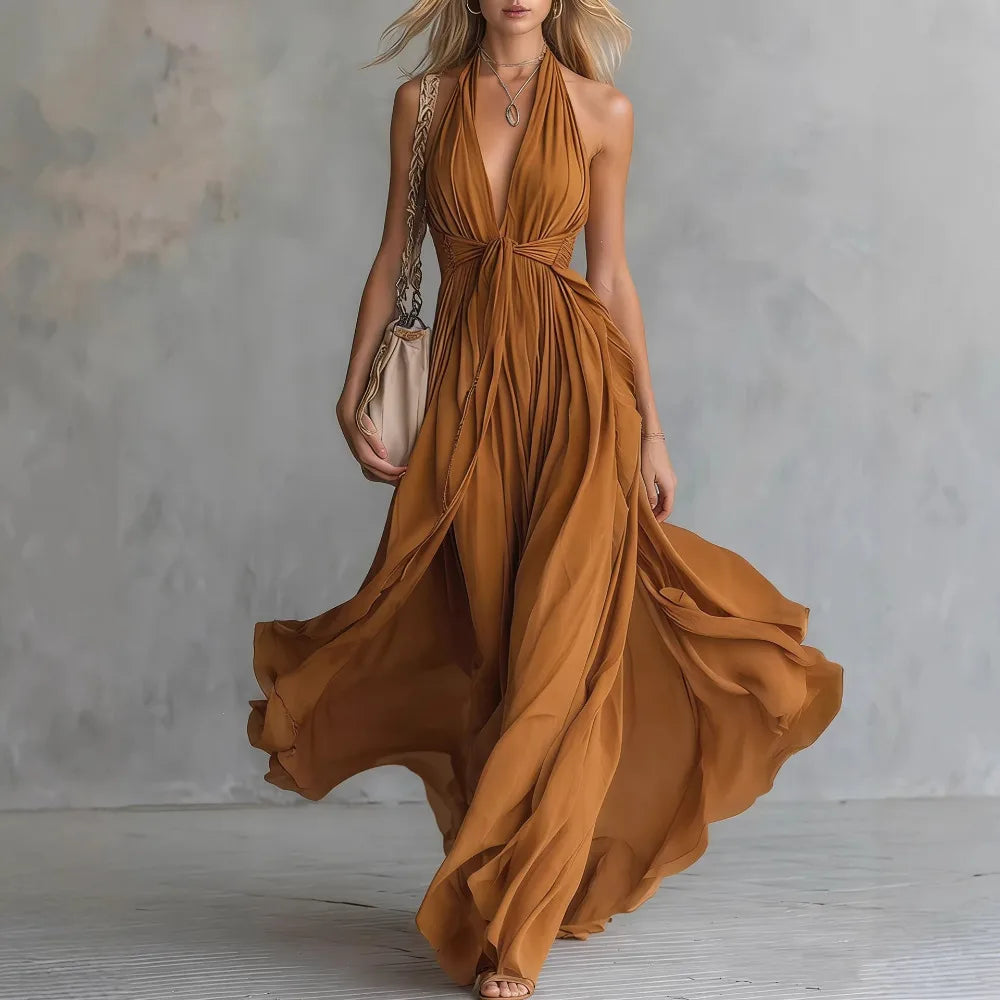 Plunging halter open back pleated maxi dress in brown