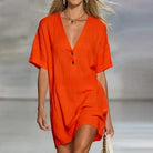V-neck button cotton linen mini shirt dress in orange