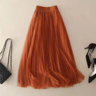 High waist pleated mesh layered midi skirt in rust red