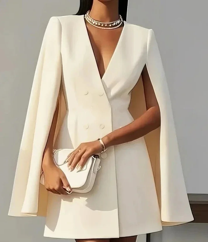Double breasted cape sleeve blazer mini dress in apricot