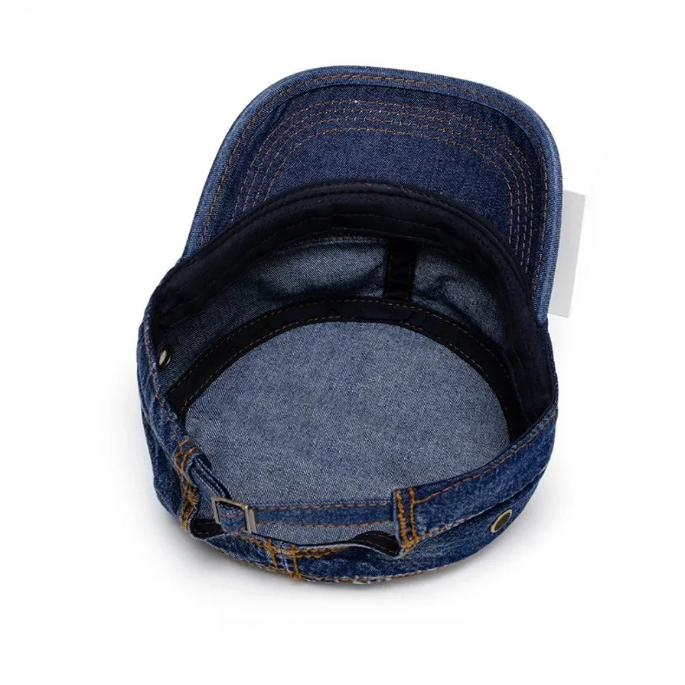 Washed cotton denim military style cap, view 10