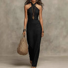 Halter criss cross sleeveless maxi dress in black