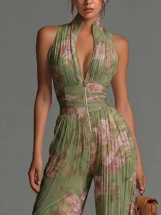 Halter neck pleated wide leg floral jumpsuit, view 3