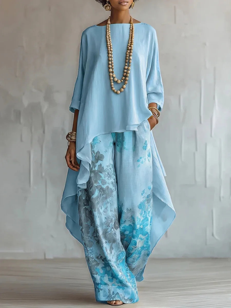 Asymmetric hem printed wide leg two piece set in blue