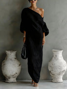 One shoulder textured linen maxi dress in black