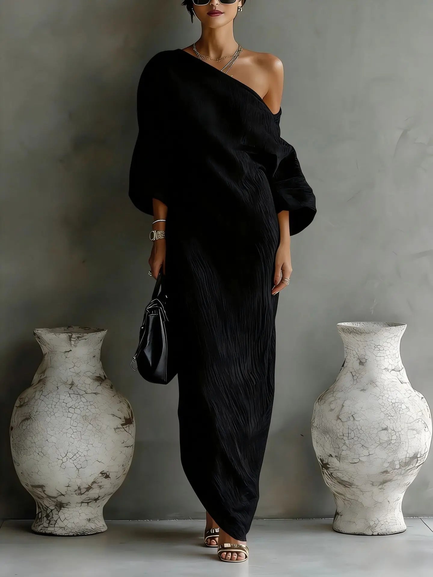 One shoulder textured linen maxi dress in black
