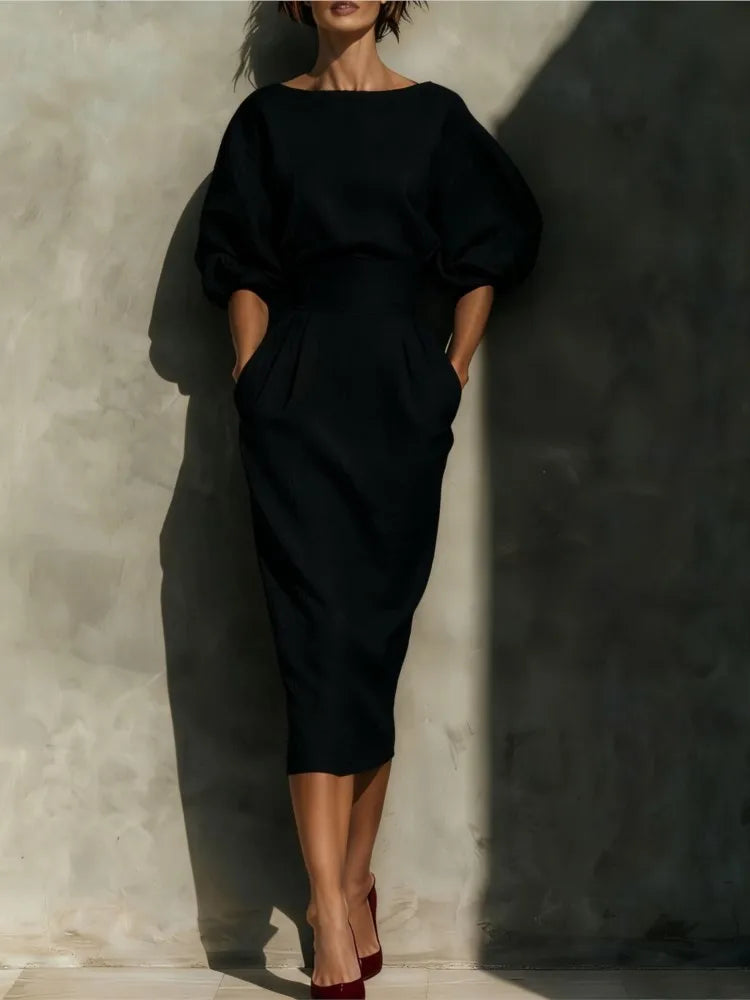 Pleated wrap midi dress with side pockets in black