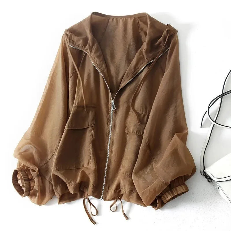 Lightweight loose long sleeve sun hoodie in brown