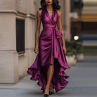 Satin halter high low hem maxi dress in purple