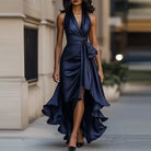 Satin halter high low hem maxi dress in deep blue