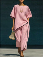 Short sleeve top and cropped wide leg pant set in pink