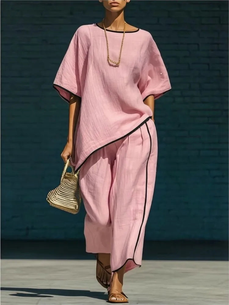 Short sleeve top and cropped wide leg pant set in pink