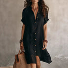 Short sleeve button down cotton shirt dress in black