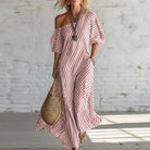 One shoulder striped puff sleeve maxi dress in pink