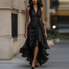 Satin halter high low hem maxi dress in black