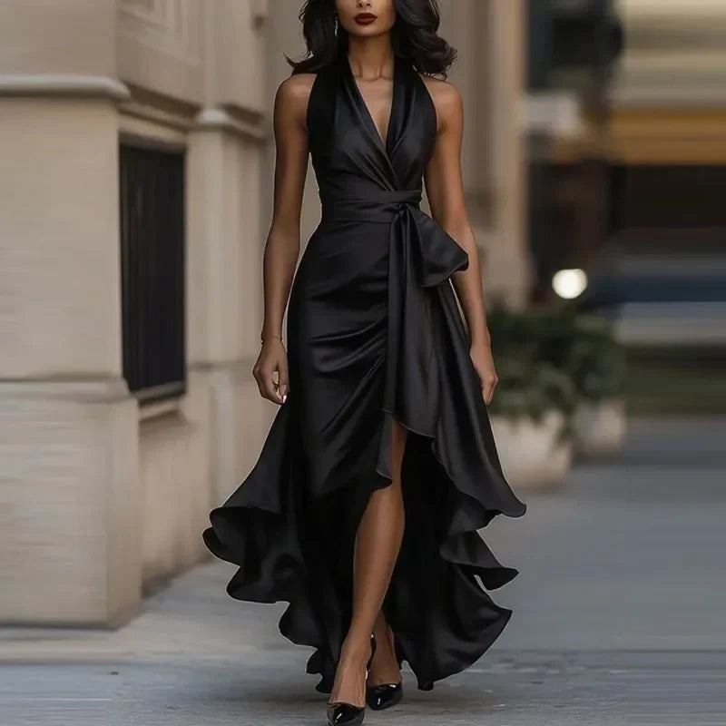Satin halter high low hem maxi dress in black