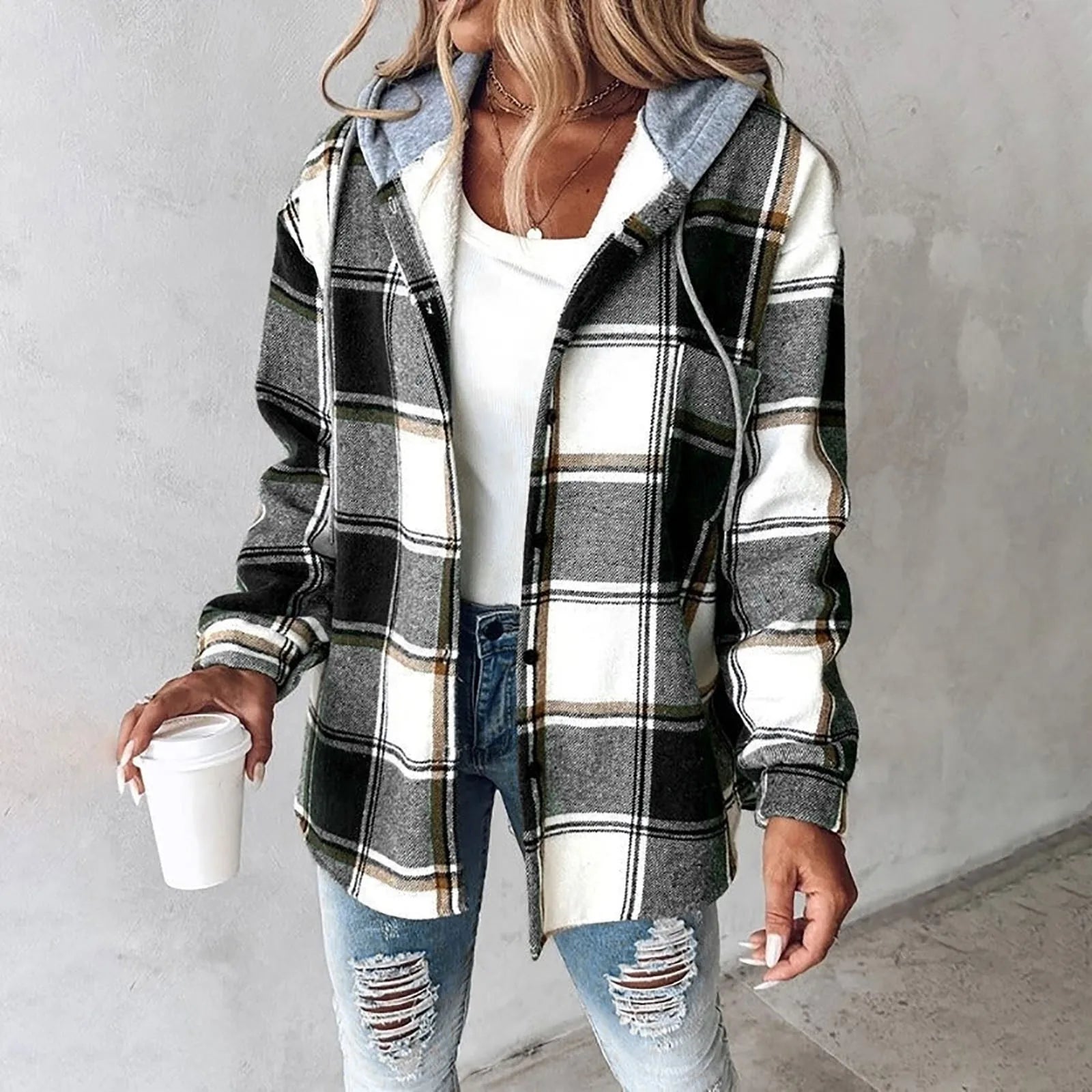 Fall Brushed Plaid Hooded Button Front Shirt Jacket for Women in Black