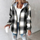 Fall Brushed Plaid Hooded Button Front Shirt Jacket for Women in Black