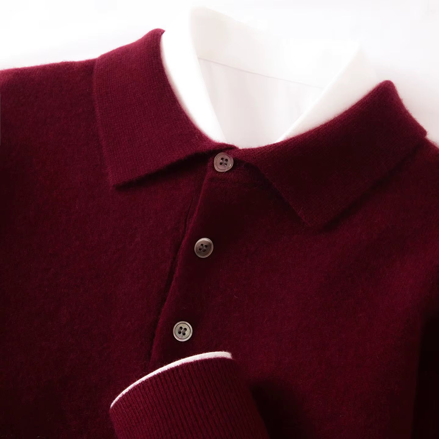 Turn down collar knit polo sweater in burgundy