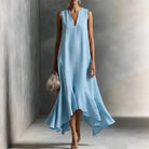 Deep V-neck ruffle hem flowy sundress in light blue