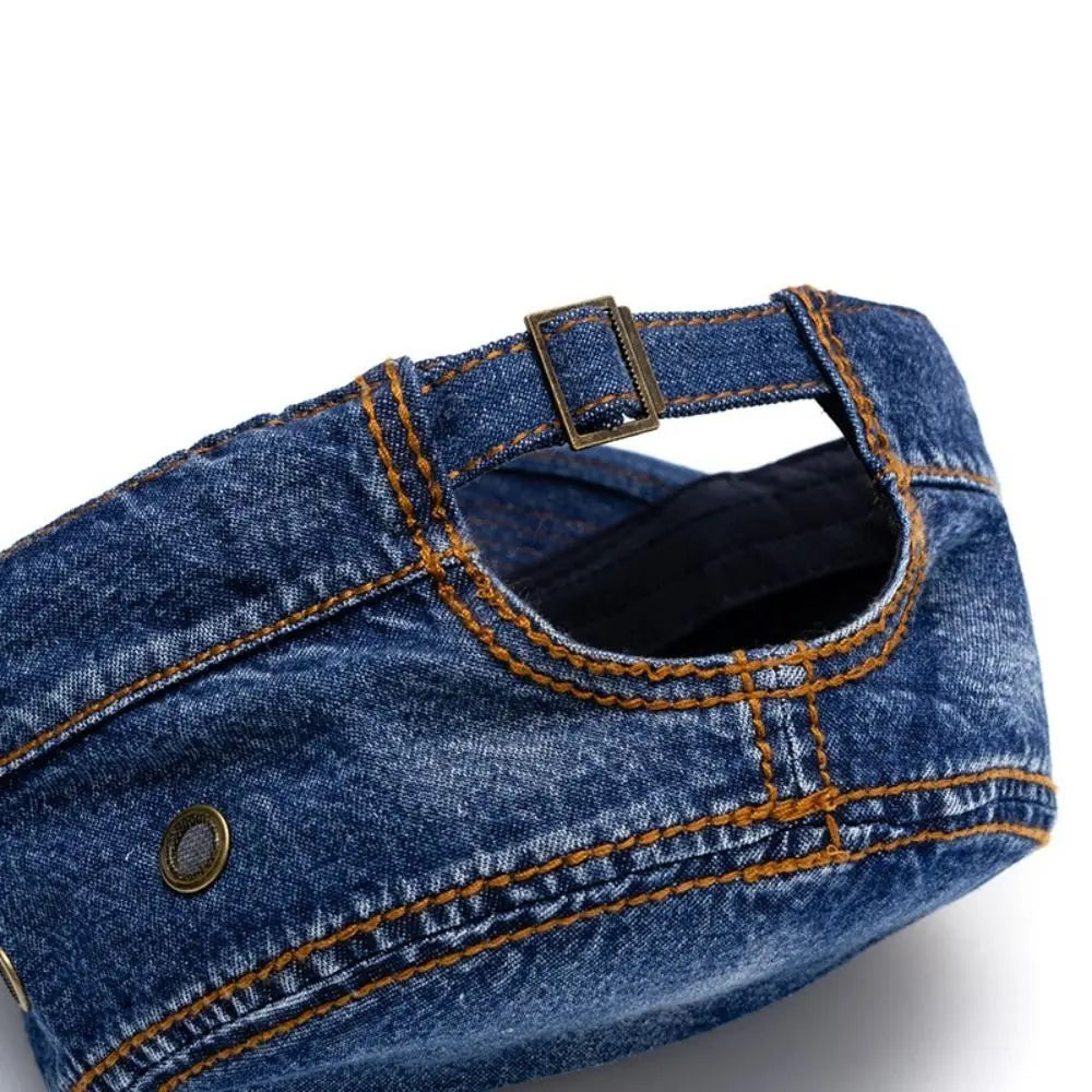Washed cotton denim military style cap, view 7
