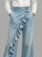 Asymmetrical ruffle detail wide leg jean, view 4