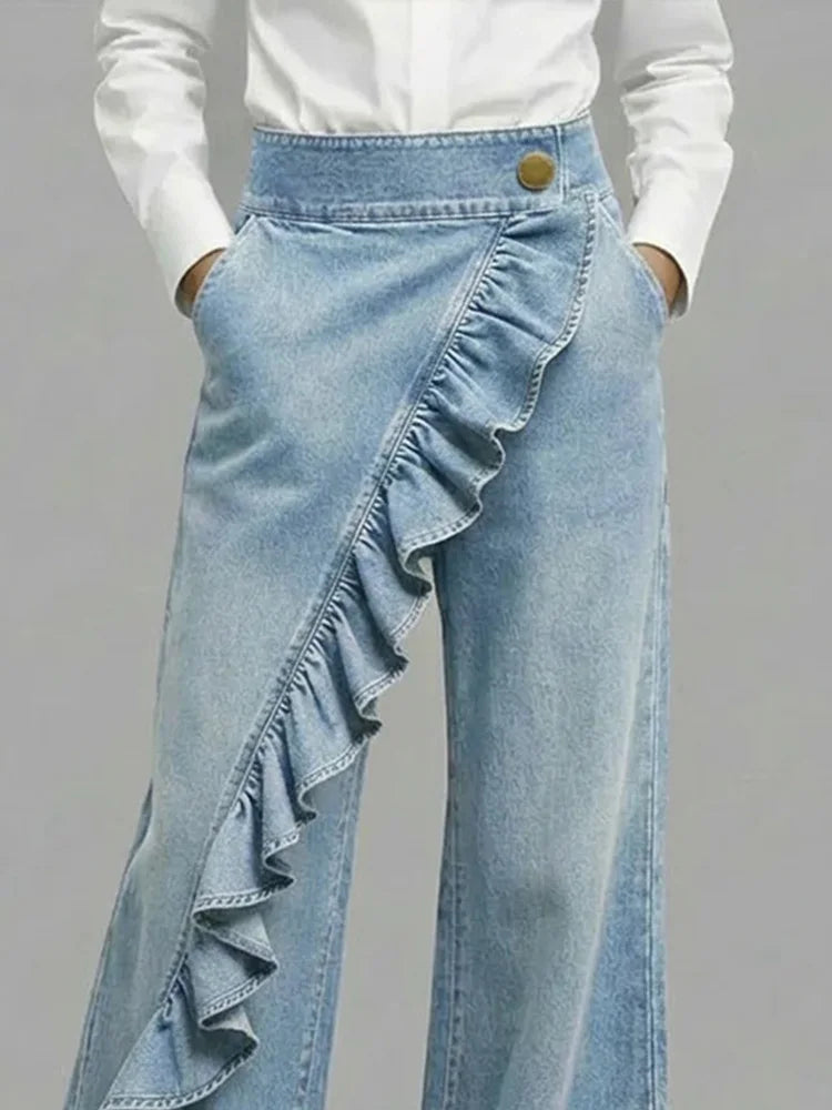 Asymmetrical ruffle detail wide leg jean, view 4