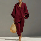 Batwing sleeve top and tapered pants set in wine red
