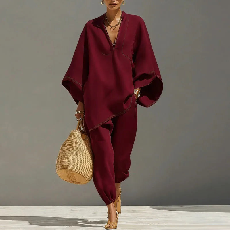 Batwing sleeve top and tapered pants set in wine red