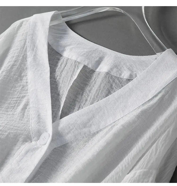 Batwing sleeve cotton linen V-neck blouse, view 2