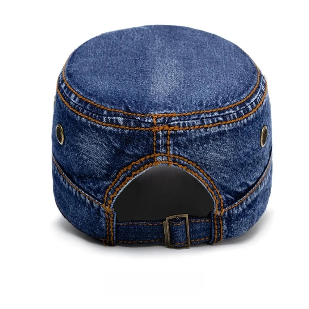 Washed cotton denim military style cap, view 8