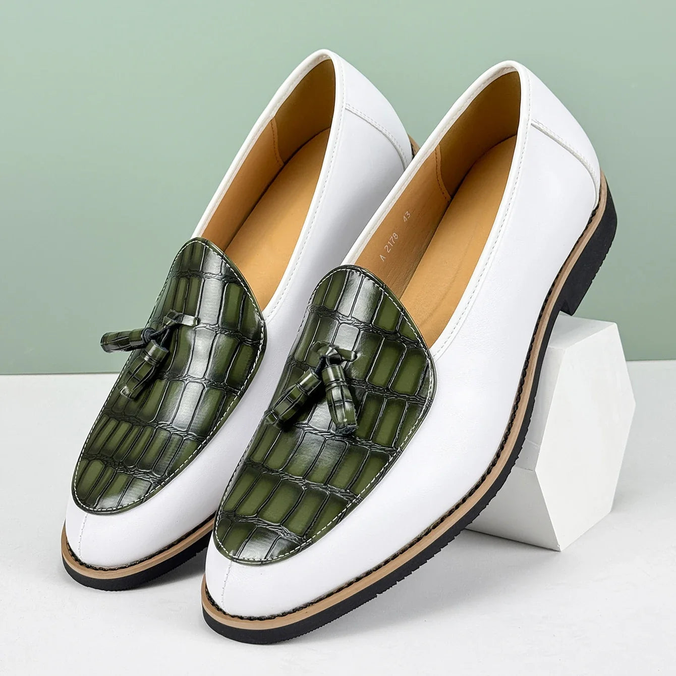 Croc embossed leather tassel loafer in army green