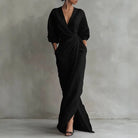Long sleeve wrap waist slit maxi dress in black