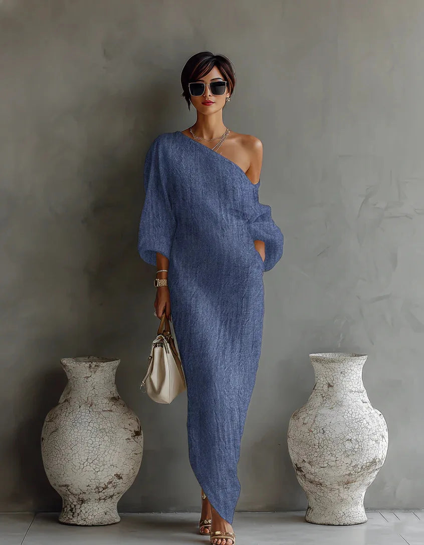 One shoulder textured linen maxi dress in blue