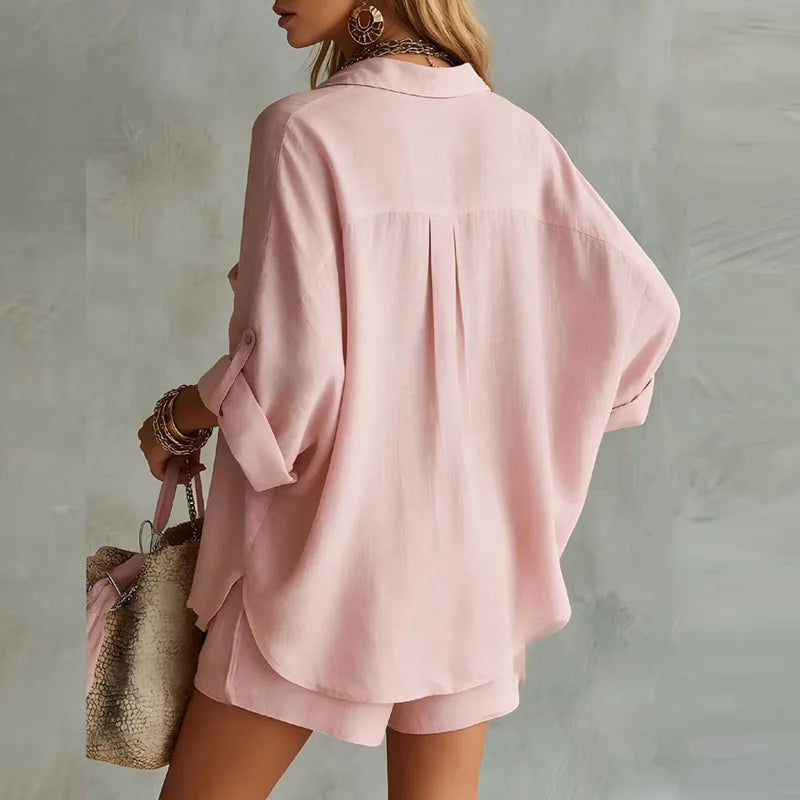 Collared shirt and high waist shorts set, view 2