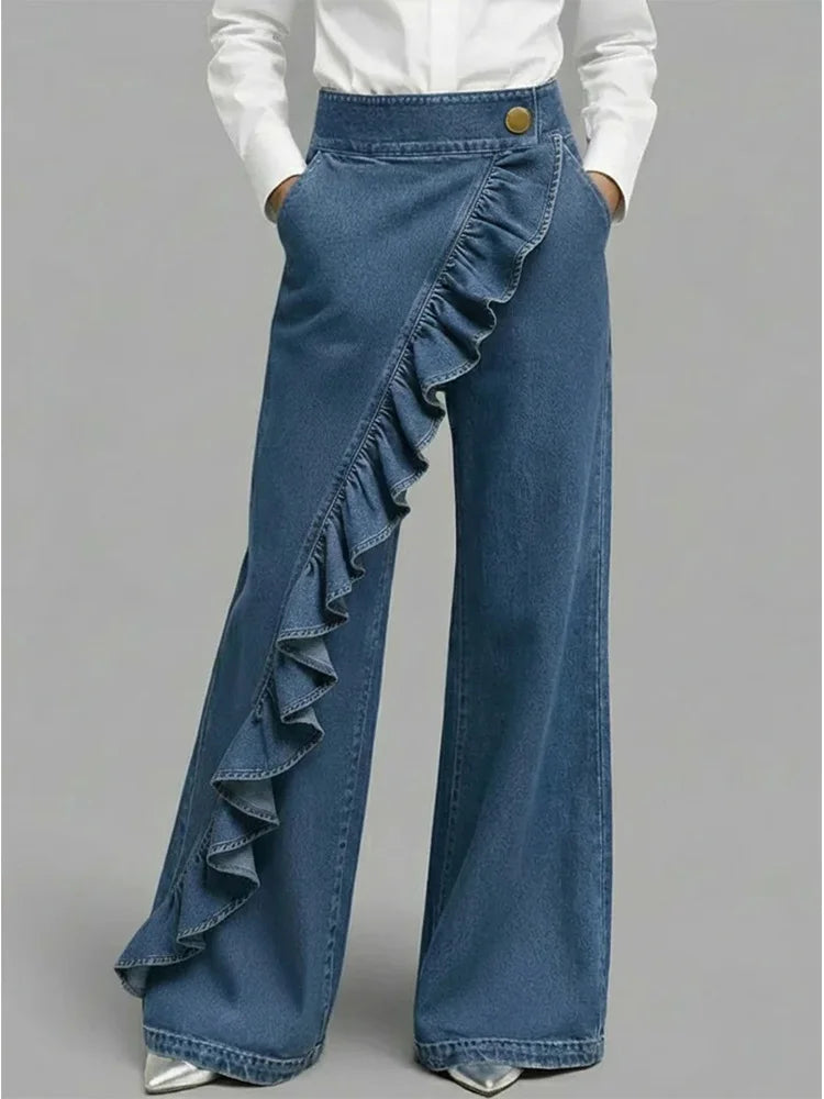 Asymmetrical ruffle detail wide leg jean in blue
