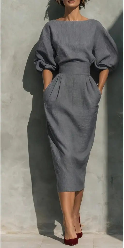 Pleated wrap midi dress with side pockets in gray