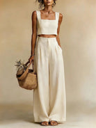 Square neck crop top and palazzo pants set in beige