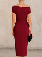 One shoulder pleated waist slit midi dress, view 5