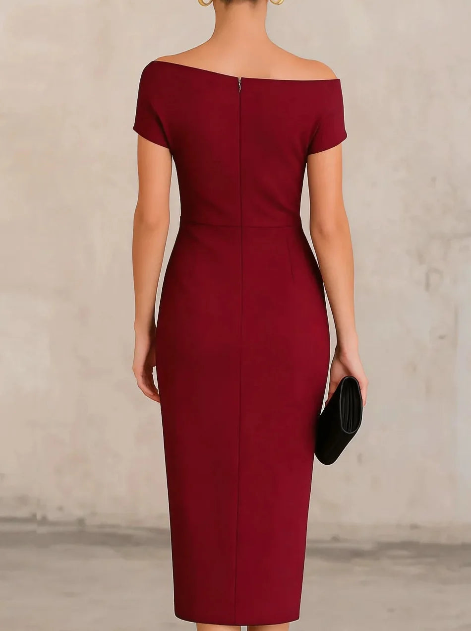 One shoulder pleated waist slit midi dress, view 5