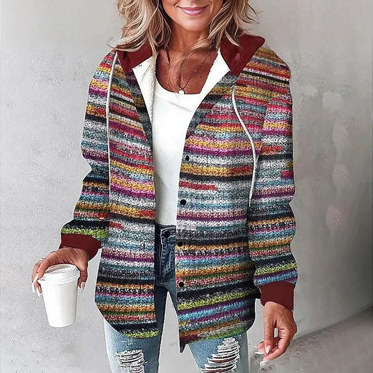 Fall Brushed Plaid Hooded Button Front Shirt Jacket for Women in Multicolored