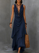 Tiered ruffle ruched waist boho maxi dress in navy blue