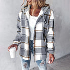 Fall Brushed Plaid Hooded Button Front Shirt Jacket for Women in Gray